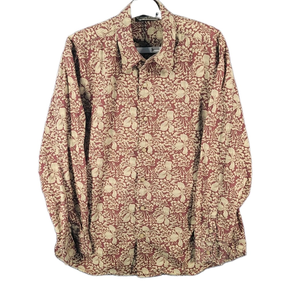 Tommy Bahama Paisley Shirt Mens Large Burgundy Gold Long Sleeve Button Up Casual